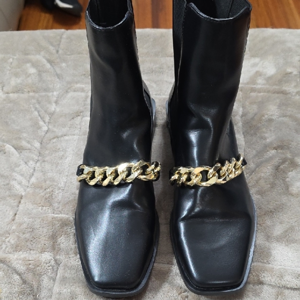 Zara Black Booties with Gold Chain Detail